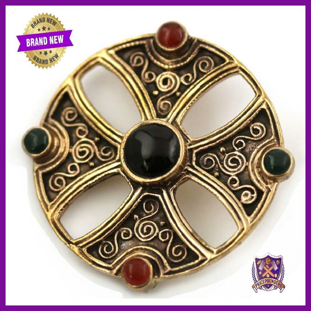 Bronze Agate Onyx Celtic Knot Brooch Pin 3.8cm Vintage Jewelry